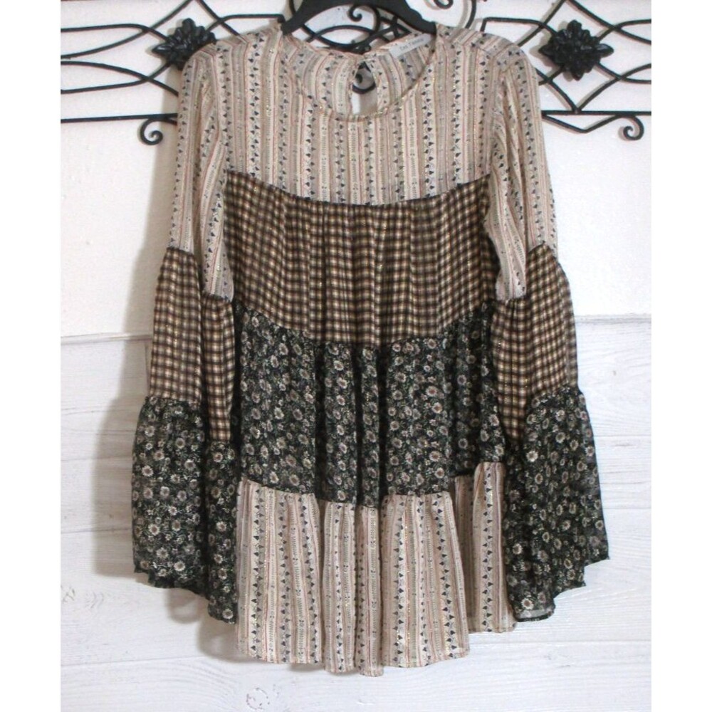 Ces Femme Women's Sheer Top Size L Long Sleeve Multicolor Floral Round Neck